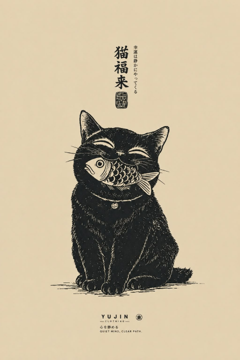 Woodblock cat with fish